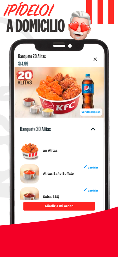KFC El Salvador - Mobile interface of KFC El Salvador app showing a 20 piece wings banquet with options to customize sauces and add to order for delivery
