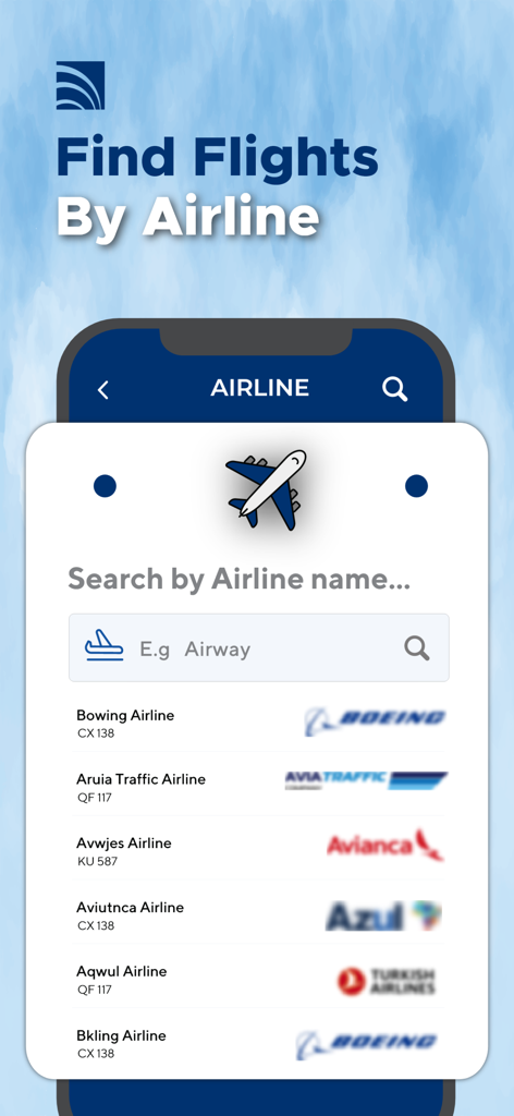 Flight Tracker® Live Plane Map - Una interfaz de aplicación móvil titulada Buscar vuelos por aerolínea que muestra una barra de búsqueda y una lista de varias compañías aéreas para el seguimiento de vuelos.