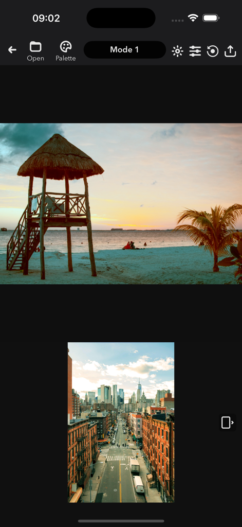 MatchColors AI - MatchColors AI app interface showing a beach sunset being color matched to a city street reference.