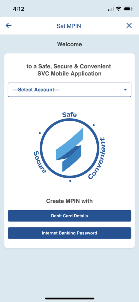 SVC Mobile - Setup screen for creating a secure MPIN in the SVC Mobile banking application.