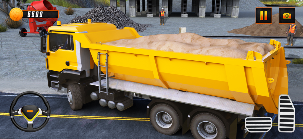 Excavator Truck Simulator 2024 - Un gran camión volquete amarillo cargado de arena en un sitio de construcción con controles del juego