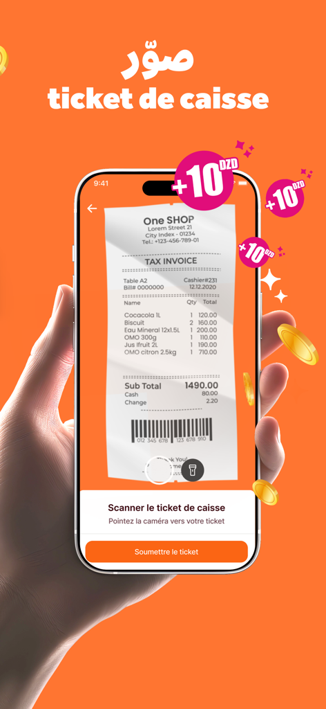 Pantalla de smartphone mostrando la función de escaneo de recibos de la aplicación Temtem para ganar recompensas.