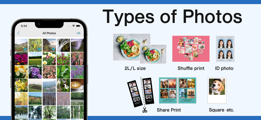 A display of various photo printing options in the 7-Eleven Multicopy app including ID photos and shuffle prints