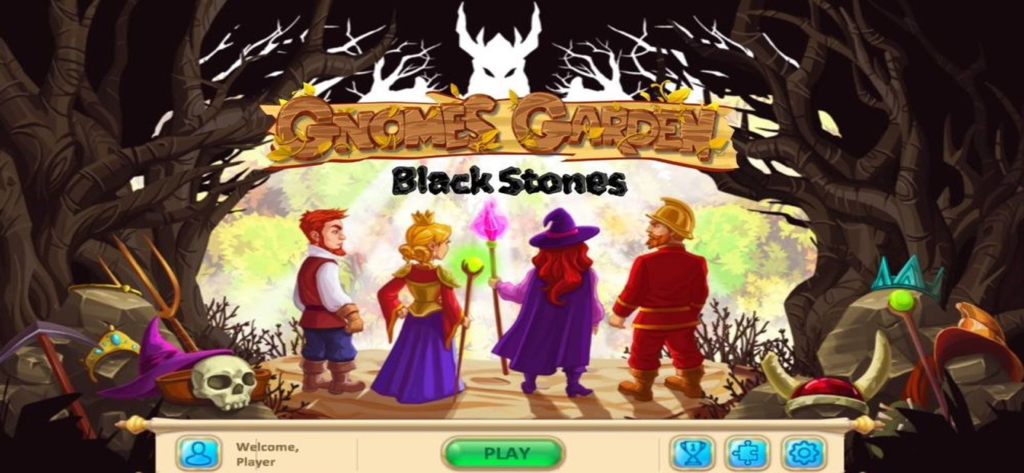 Gnomes Garden 10 Black Stones title screen featuring the Dwarf Queen and her companions overlooking a dark forest