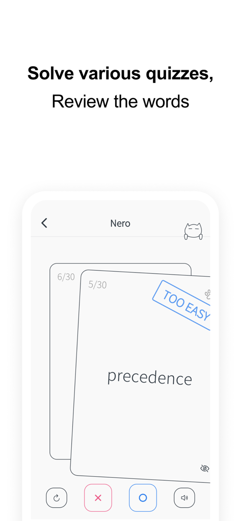 VoCat - My Own Vocabulary - Pantalla del cuestionario de vocabulario en la aplicación VoCat que muestra una tarjeta de memoria para la palabra 'precedencia'.