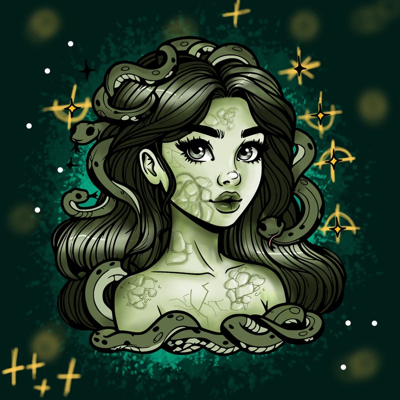 realistic girl with snakes as hair