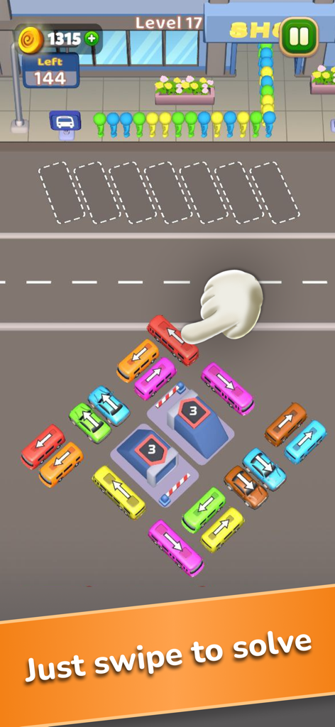 Car Jam Solver: Traffic Puzzle - Hand swiping a colorful bus in the Car Jam Solver puzzle game.