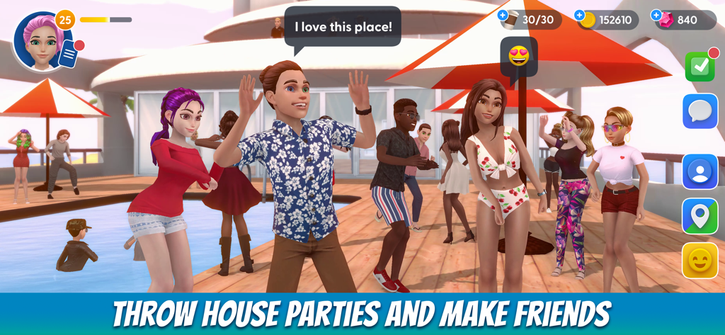 Virtual Sim Story: Life & Home - Um grupo de avatares 3D socializando e dançando em uma festa de piscina de luxo na Ilha Clearbell