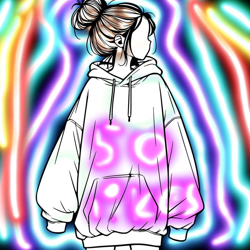 realistic girl with a oversized sweatshirt on and a bun