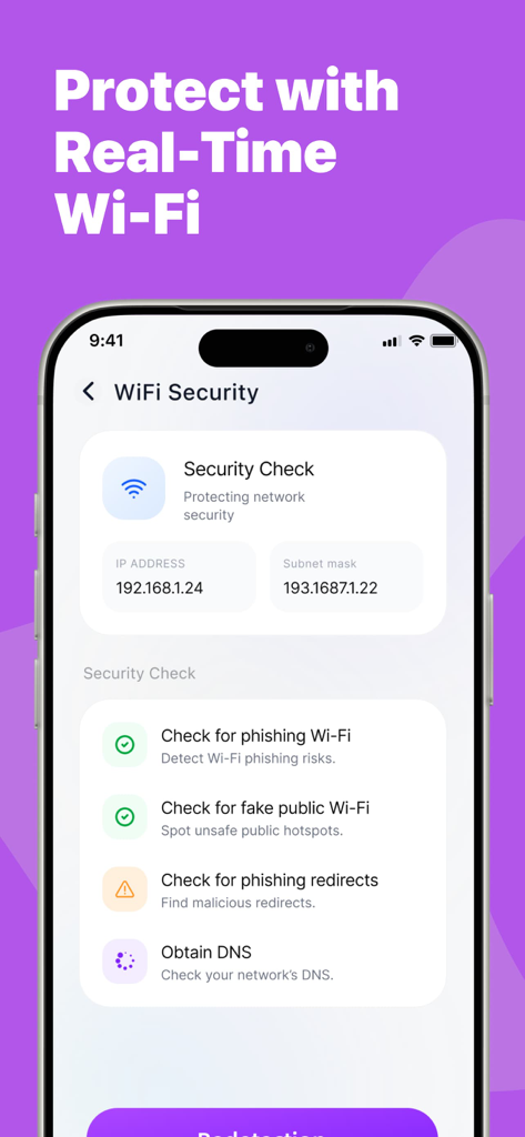 Prime Safety - Prime Safety app interface displaying real-time Wi-Fi security checks and network protection features.