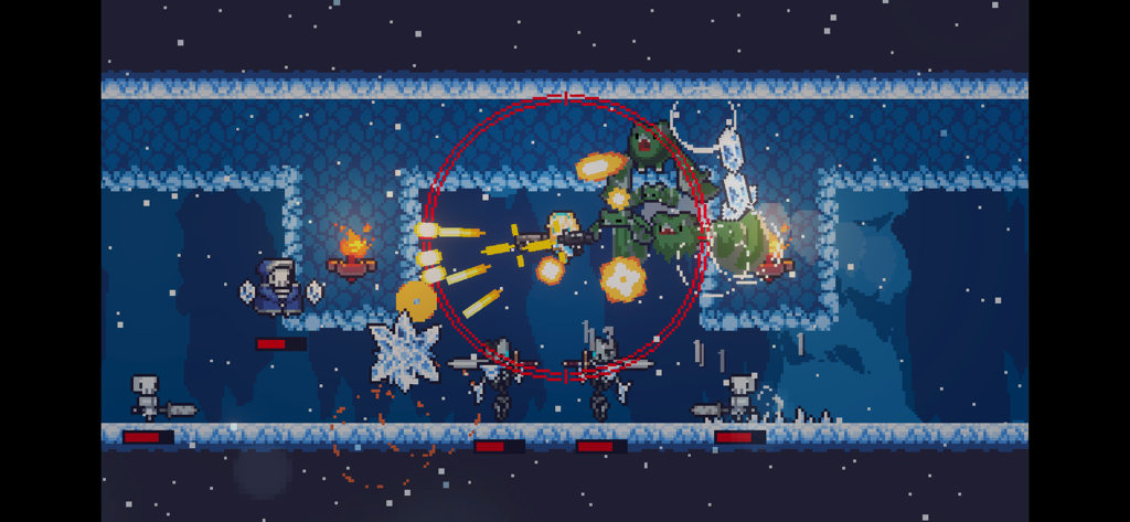 Dungreed - Pixel art combat scene in Dungreed featuring a character fighting monsters in a snowy dungeon