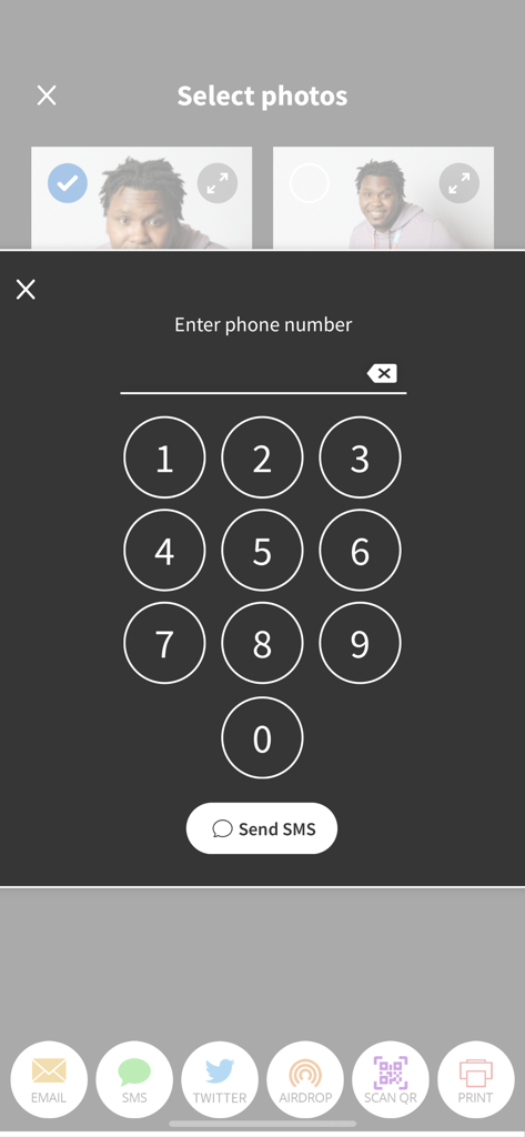 LumaShare Share/Print Station - LumaShare app screen showing photo selection and a numeric keypad to enter a phone number for SMS sharing