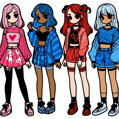 one girl with crop-top shirt and a jacket with a skirt, long socks and another girl with a shirt and pants with a jacket