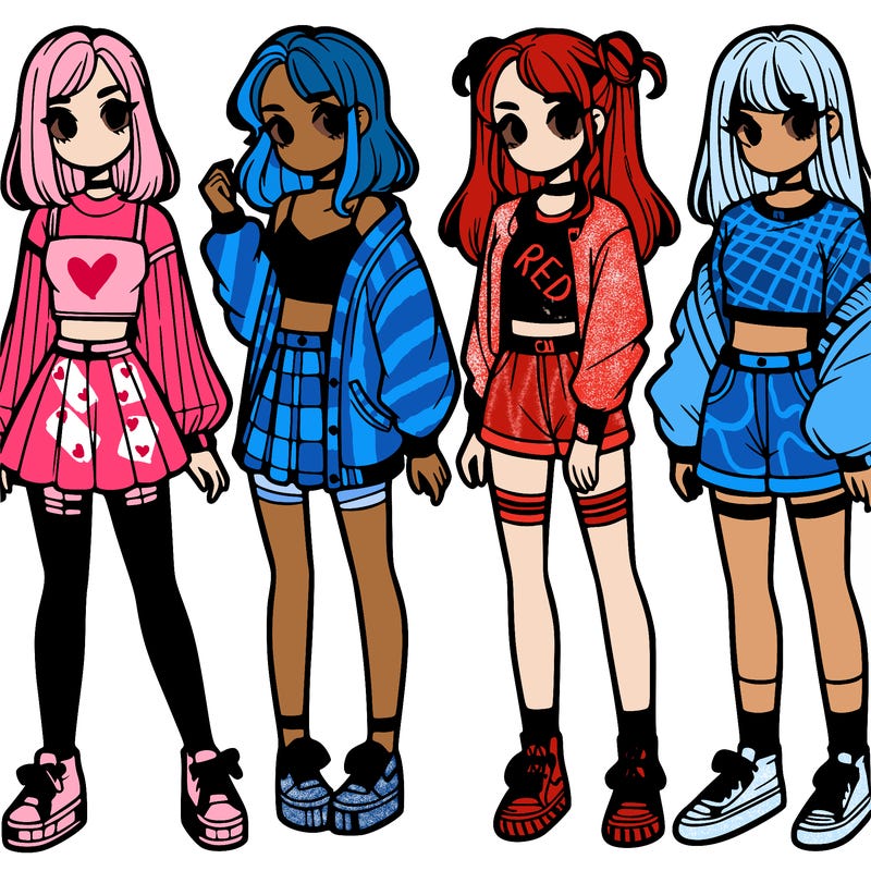 one girl with crop-top shirt and a jacket with a skirt, long socks and another girl with a shirt and pants with a jacket