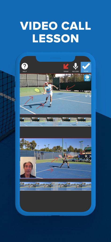 Full Court Tennis - Full Court Tennis app showing a video call lesson with technical stroke analysis and annotations