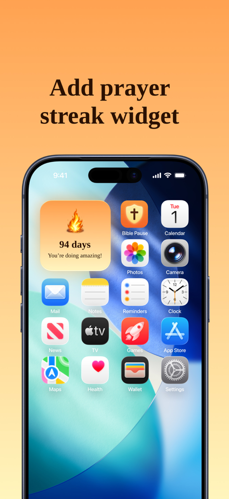 Bible Pause: App Blocker - iPhone home screen displaying a 94 day prayer streak widget from the Bible Pause app.