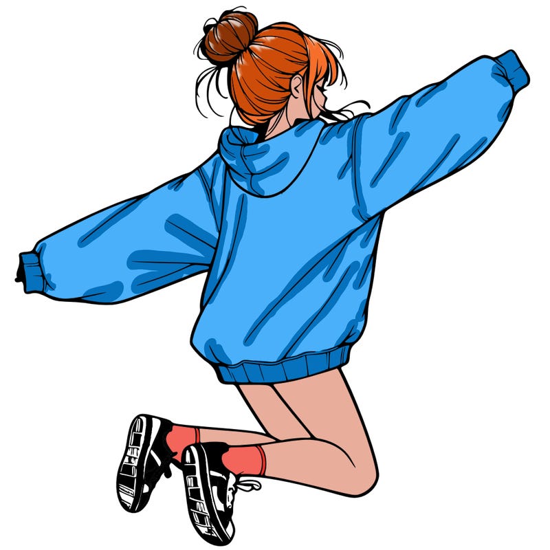 realistic girl jumping with a bun and oversized sweatshirt