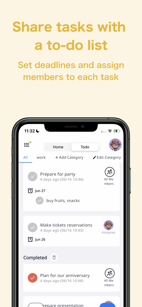 ienon app shared to-do list interface displaying tasks with deadlines and assigned members