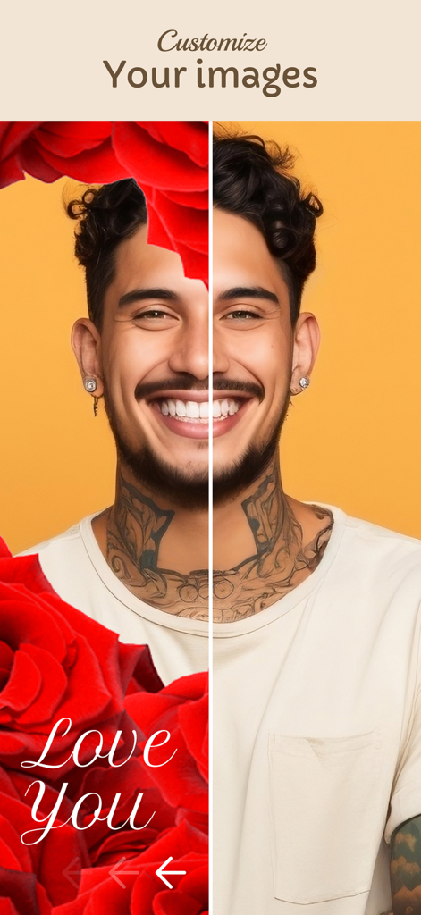 Photo frames collection app - Split screen showing a man portrait before and after applying a red rose frame with Love You text