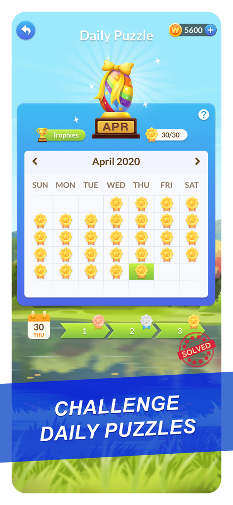 Word Serenity: Fun Brain Game - Calendrier de puzzles quotidiens Word Serenity montrant les défis terminés et les récompenses