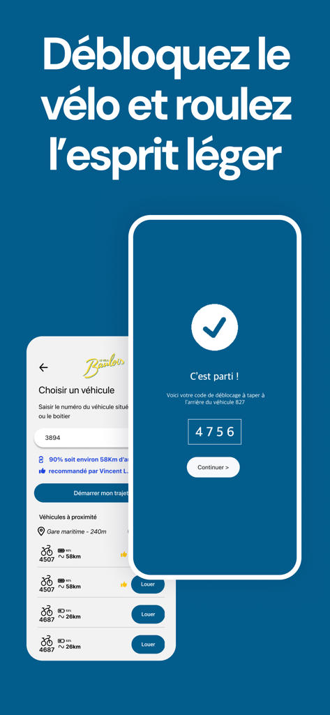 La Baule bike sharing app showing a four digit unlock code for a vehicle