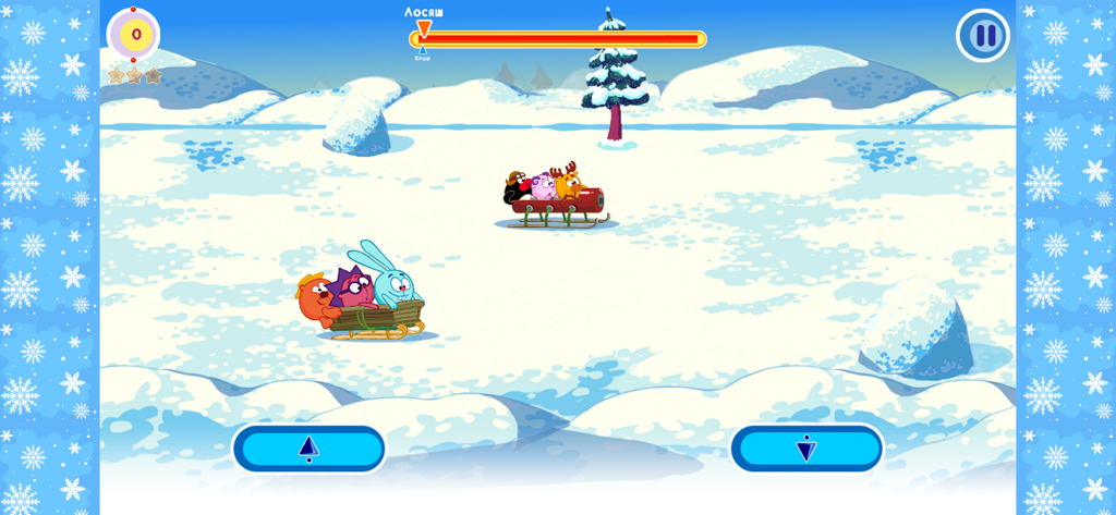 Kikoriki characters racing on sleds in a snowy winter landscape mini-game