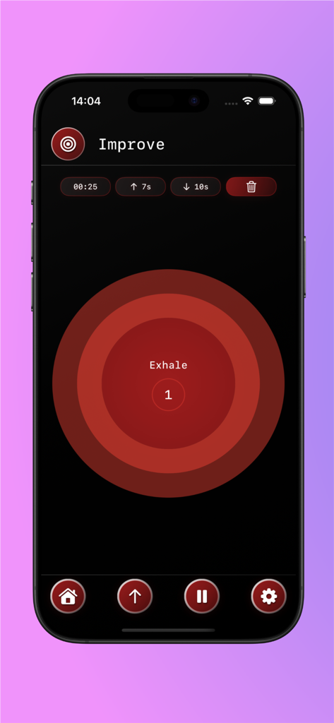 BreatheX – Breathing Exercises - BreatheX app interface showing the exhale phase of a guided breathing exercise with red concentric circles