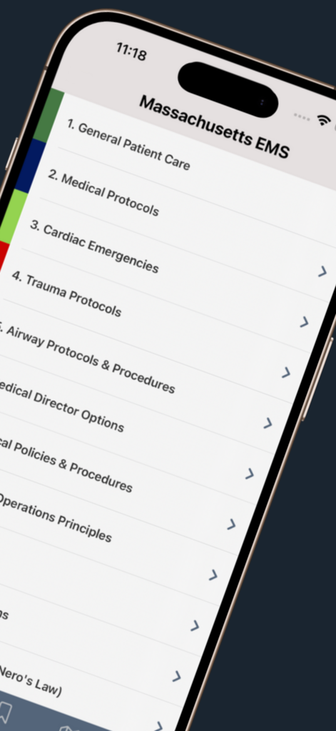 Screenshot of the Massachusetts EMS app displaying a menu of medical and trauma protocols