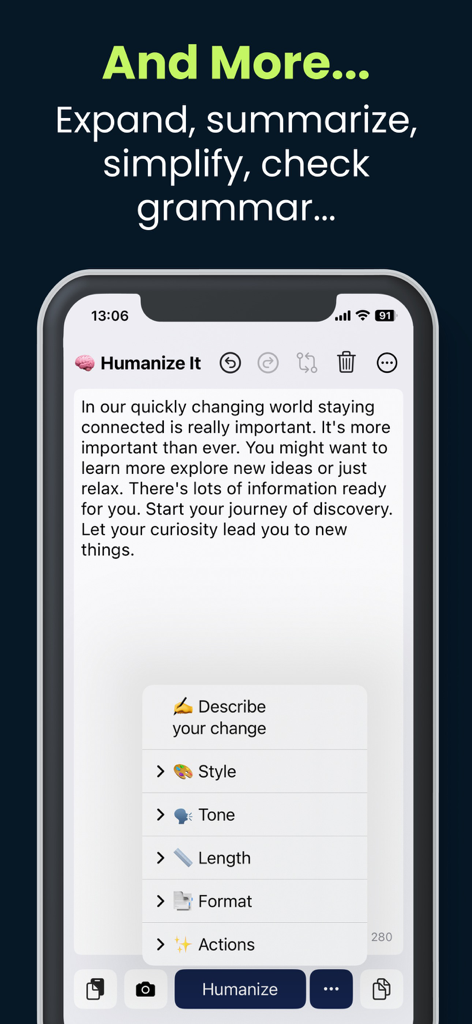 Humanize It - AI Humanizer - Pantalla de smartphone que muestra el editor de texto de la aplicación Humanize It con un menú de estilo, tono, longitud y formato.