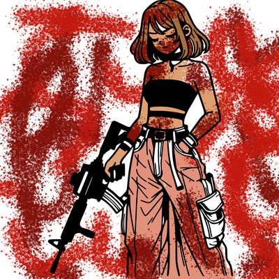 a dangerous girlcrop top and baggy jeans with a rifle in her hand