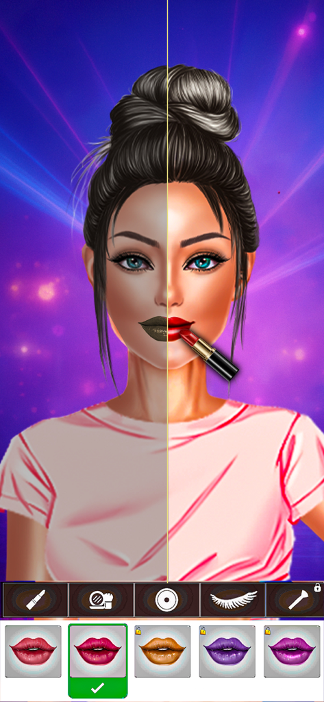 Split screen showing character makeup application with lipstick options in a girls game