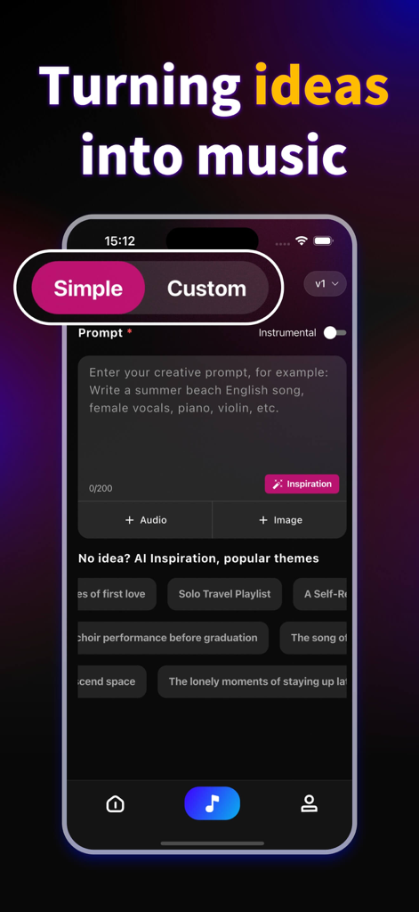 KP - AI Music & Song Generator - Interface of the KP AI Music app showing the text-to-music prompt screen with options to add audio or images and AI inspiration themes.