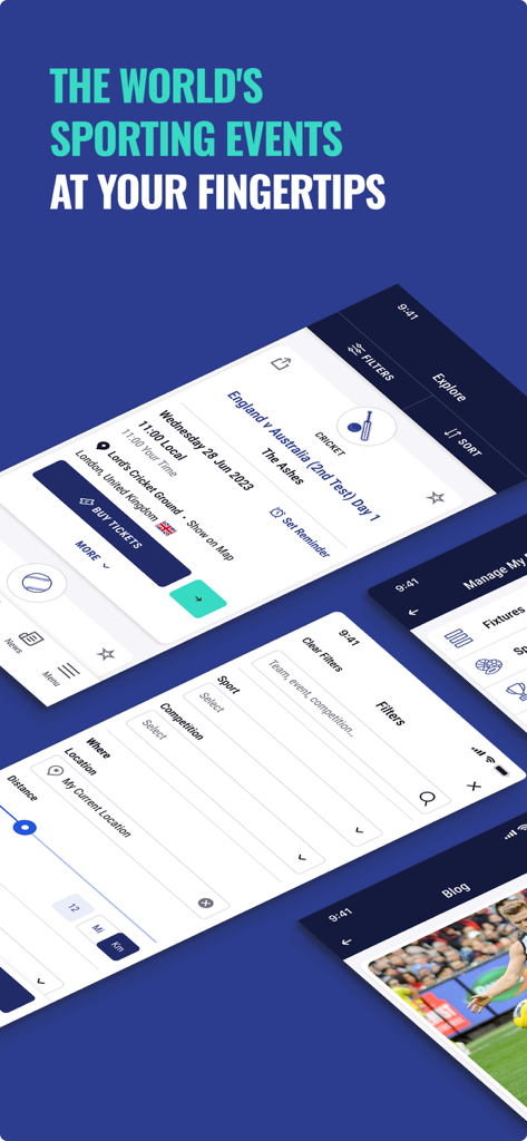 Fixture Calendar app screens showing sports event listings and search filters