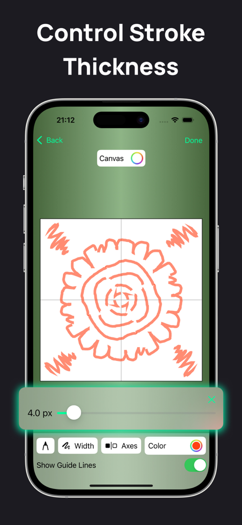 Symmetry Drawing App - User interface showing stroke thickness control in the Symmetry Drawing App