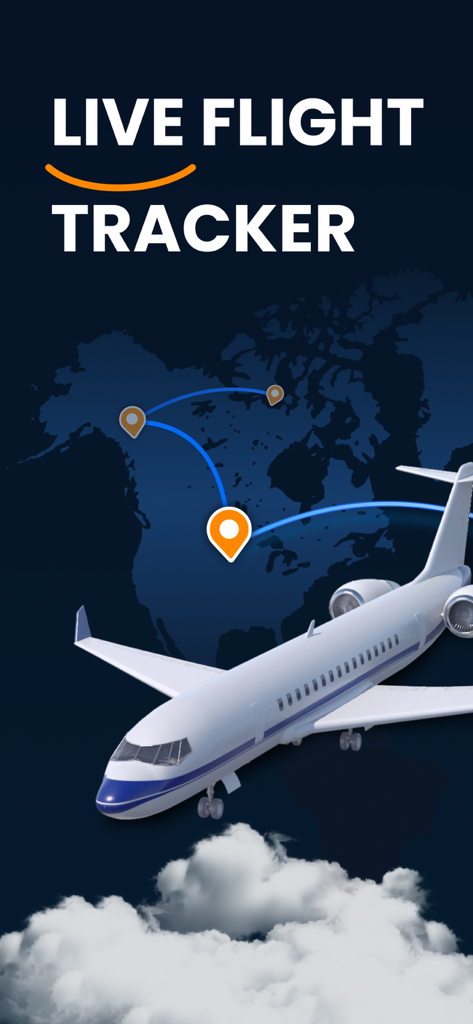 Live flight tracker app interface showing an airplane flying over a world map with flight paths