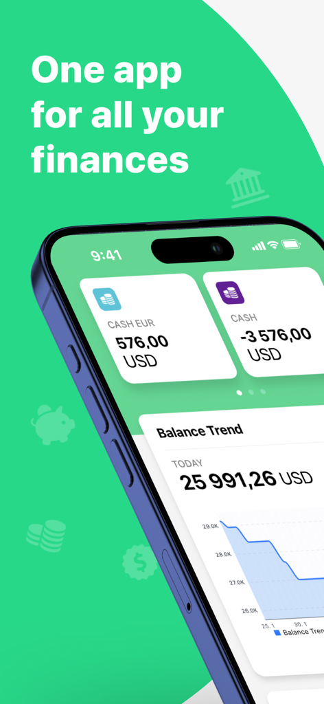 Wallet - Daily Budget & Profit - iPhone showing the Wallet app dashboard with cash account balances and a balance trend chart.