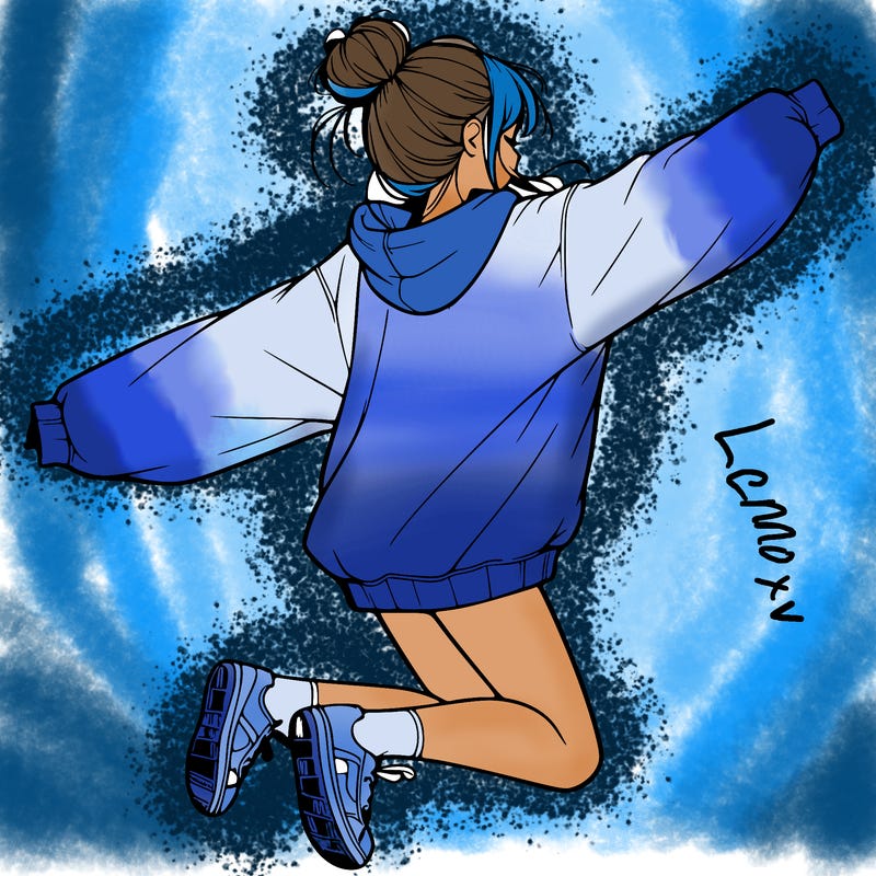 realistic girl jumping with a bun and oversized sweatshirt