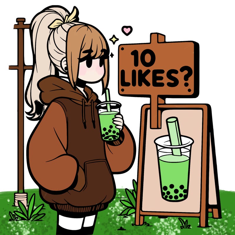 girl with oversized hoodie drinking boba and she has a high ponytail with a sign that says 10likes?