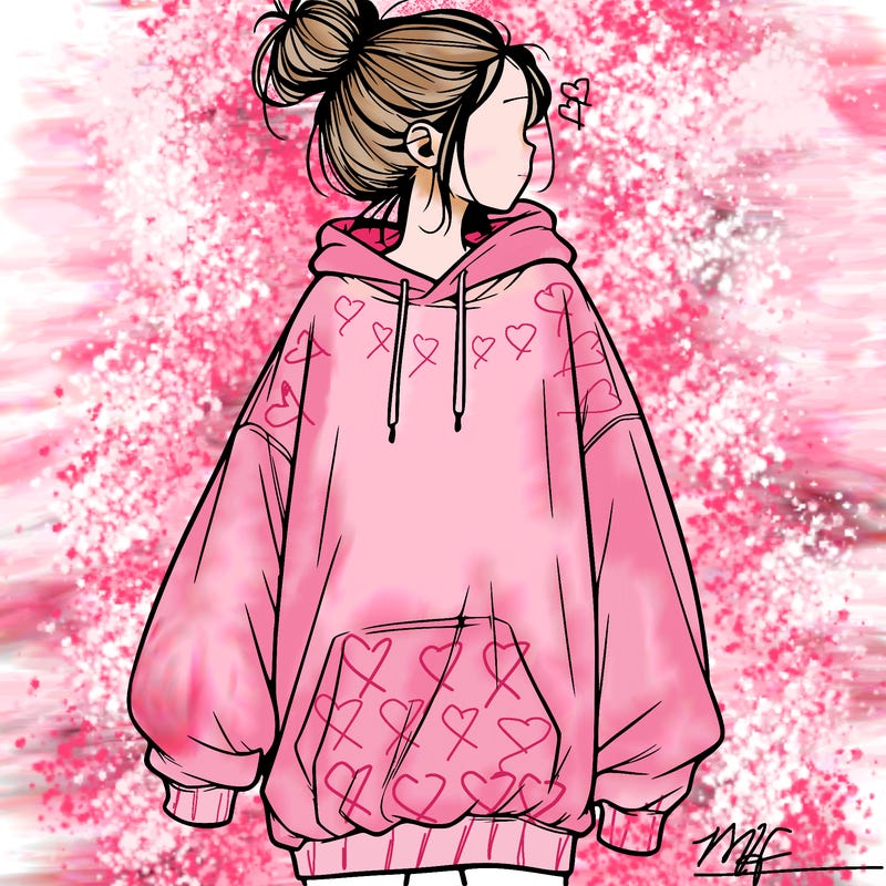 realistic girl with a oversized sweatshirt on and a bun