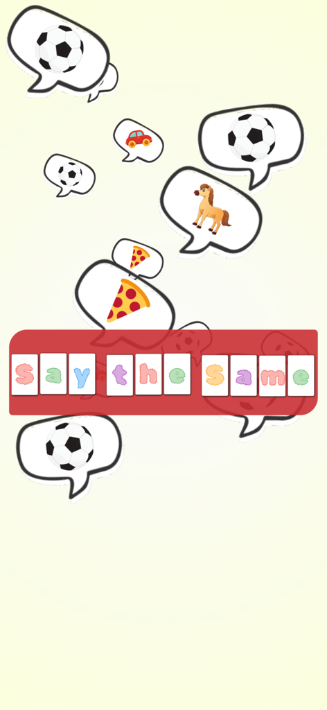 Título do jogo de palavras Say the Same em um banner vermelho com bolhas de balão de fala flutuantes