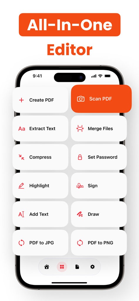 Lens: PDF Scanner & Editor - Smartphone screen showing the Lens PDF Scanner and Editor app interface with tools for scanning, signing, and converting documents.