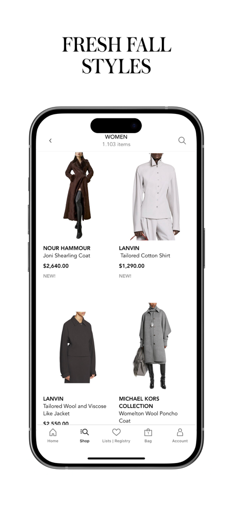 Bloomingdales mobile app interface showing luxury women's fall clothing from designers like Lanvin and Michael Kors