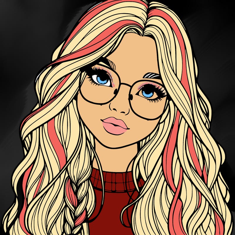 girl with long hair and freckles and glasses realistic