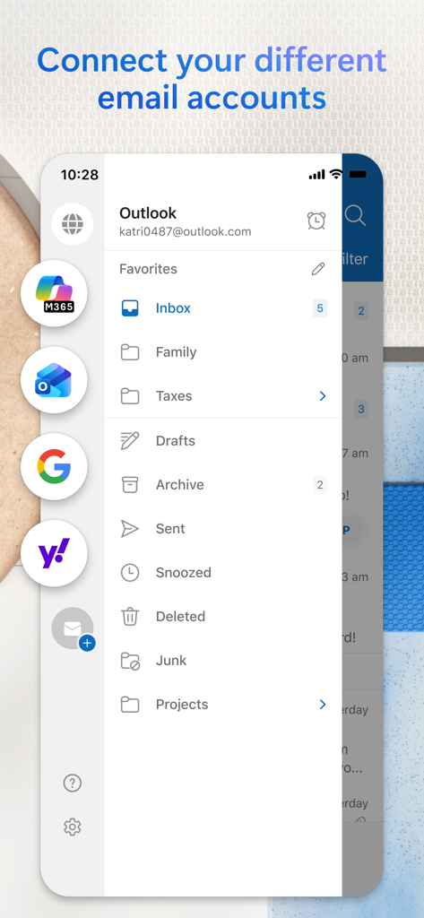 Microsoft Outlook mobile interface showing integrated email accounts including Gmail Yahoo and Microsoft 365