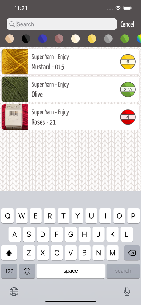 Yarnal - Knitting & Crochet - Search screen of the Yarnal app showing a list of stored yarns with color filters and needle sizes.