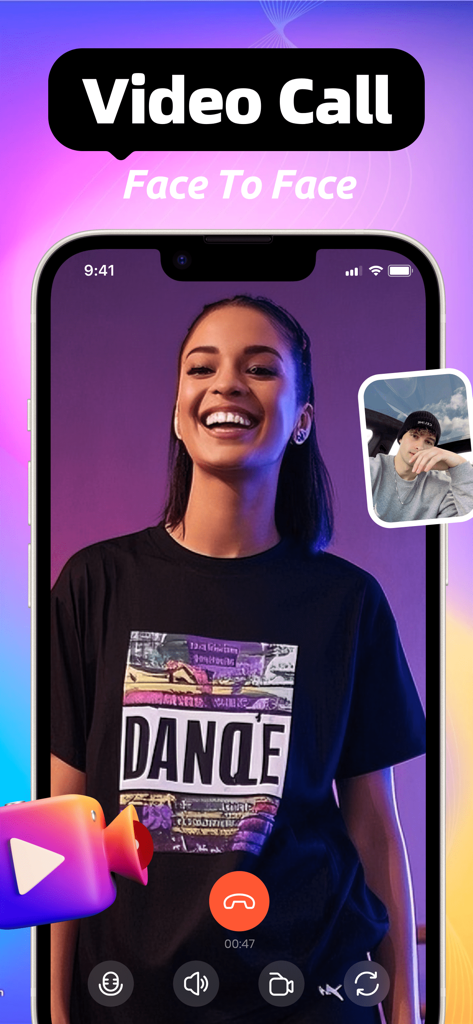 Jivn: Video, Share Fun - A video call interface in the Jivin app showing two people connecting face to face