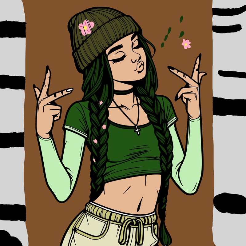 realistic teenage girl with braids and a beanie and crop top doing 🫶🏼