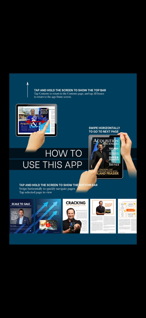 Acquisition Aficionado Mag - iPad에서 잡지 페이지 및 기능을 탐색하는 방법을 보여주는 Acquisition Aficionado Mag 앱의 디지털 사용자 가이드