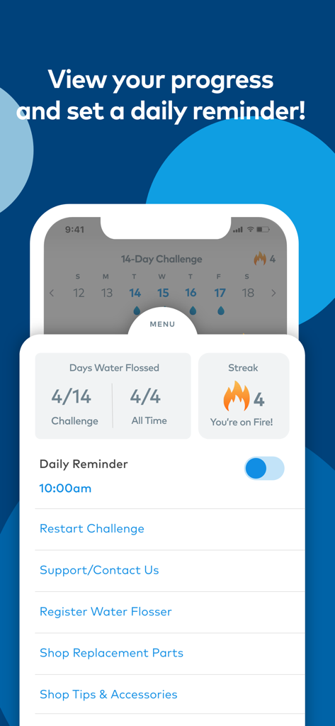 Waterpik™ Water Flossing - Interface of the Waterpik app showing progress tracking for a 14-day challenge and a daily reminder setup.