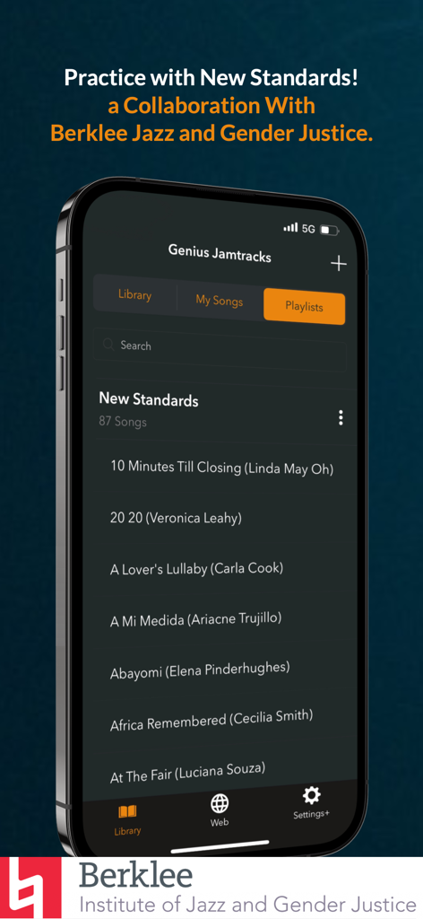 Genius Jamtracks - Genius Jamtracks app displaying the New Standards playlist collaboration with Berklee Jazz and Gender Justice.